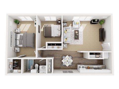 A top-down view of a small apartment with a living room, kitchen, and bedroom.